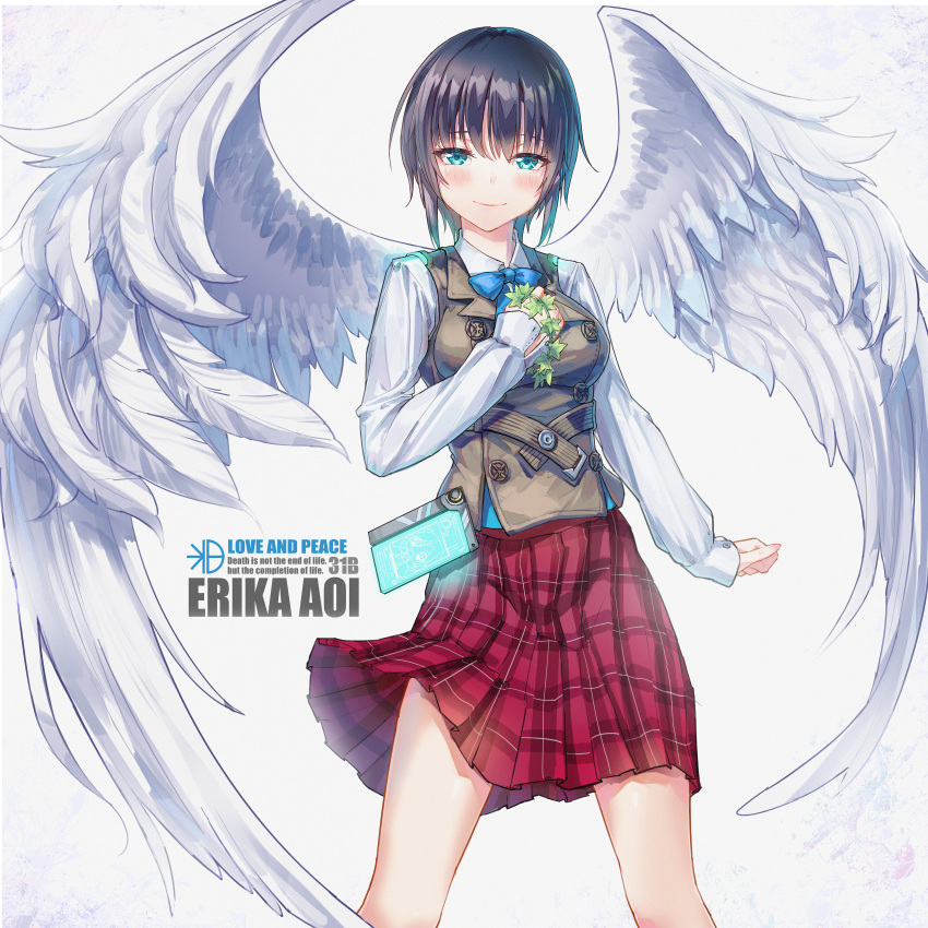 1girl absurdres angel angel_wings aoi_erika arm_at_side blue_bow blue_bowtie blue_eyes blush bow bowtie breasts brown_vest buttons character_name chinese_commentary clenched_hands closed_mouth collared_shirt commentary_request double-breasted english_text eyebrows_hidden_by_hair eyelashes eyes_visible_through_hair feathered_wings feet_out_of_frame hair_between_eyes hand_up heaven_burns_red highres holding holding_wreath large_breasts leaf_wreath long_sleeves looking_at_viewer medium_hair medium_skirt plaid_clothes plaid_skirt pleated_skirt red_skirt sail_678 shirt simple_background skirt smile solo standing tsurime vest white_background white_shirt white_wings wings wolf_cut