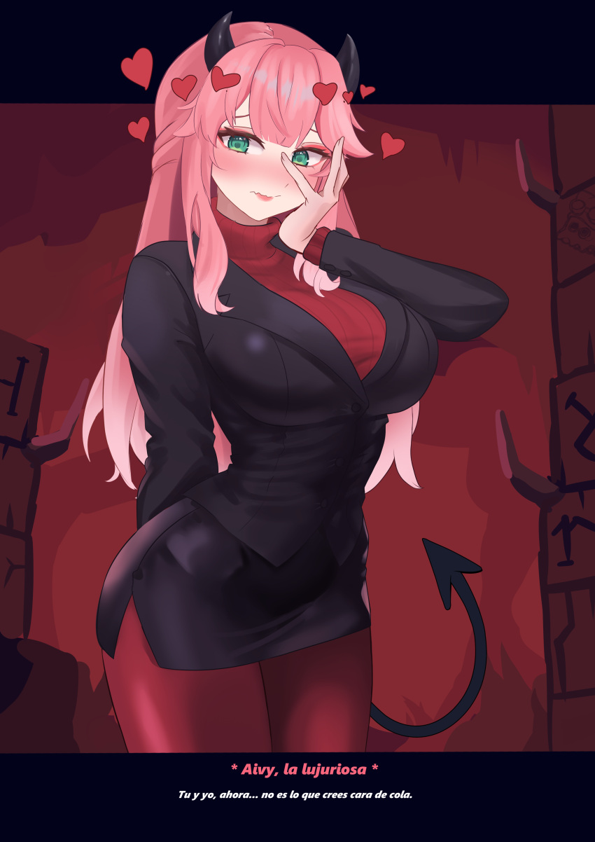 1girl absurdres aivy_lovencraft blush esteban_(estebaneishon) fanart green_eyes helltaker horns indie_virtual_youtuber long_hair pink_hair solo spanish_text standing tail virtual_youtuber vtuber vtuberfanart