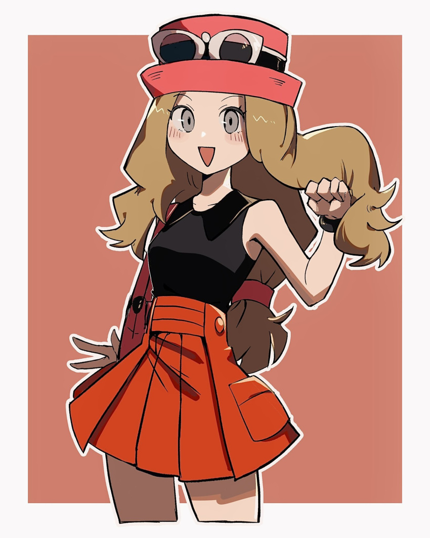 1girl :d blonde_hair border eyewear_on_headwear hat highres long_hair looking_at_viewer open_mouth pink_hat pokemon pokemon_xy red_background red_skirt serena_(pokemon) shirt simple_background skirt sleeveless sleeveless_duster sleeveless_shirt smile solo standing sunglasses tnm_ilu upper_body white-framed_eyewear white_border