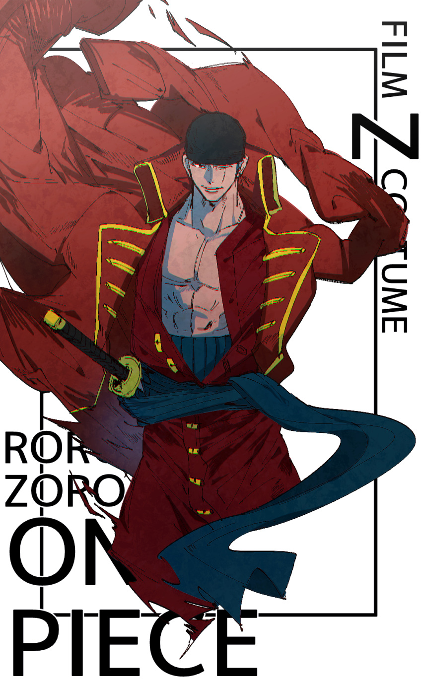 1boy abs bare_pectorals black_headwear blue_sash character_name chromatic_aberration closed_eyes coat copyright_name highres male_focus mirin_(coene65) muscular muscular_male one_piece one_piece_film:_z parted_lips pectorals red_coat roronoa_zoro sash scar scar_across_eye simple_background solo straight-on sword weapon white_background