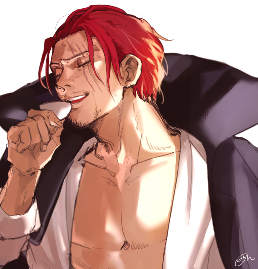 1boy adam's_apple bare_pectorals beard_stubble black_coat closed_eyes coat collarbone cup drinking high_collar highres holding holding_cup male_focus mature_male mirin_(coene65) no_nipples one_piece open_clothes open_shirt pectorals portgas_d._ace redhead scar scar_across_eye shirt signature simple_background solo teeth upper_body white_background white_shirt