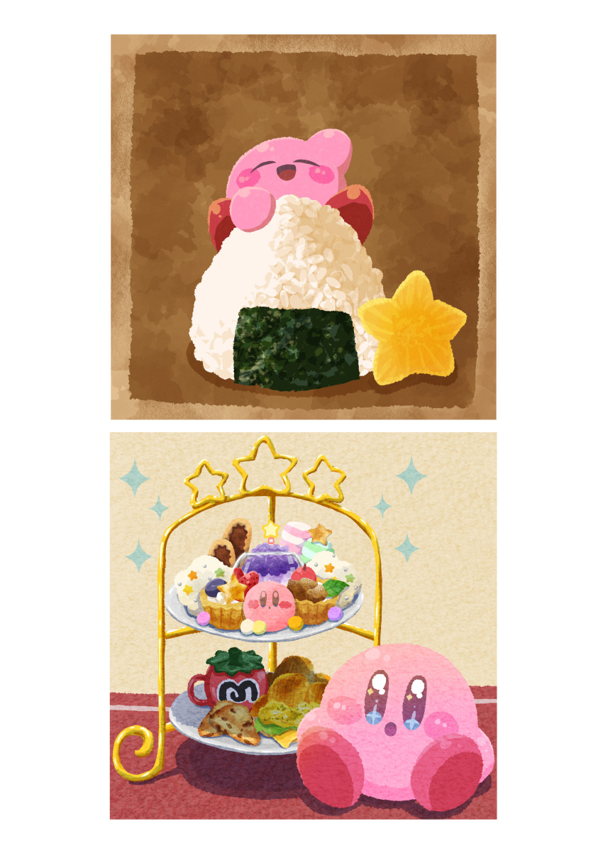 absurdres blush_stickers cookie cup food food_focus happy highres kirby kirby_(series) kirby_cafe looking_at_viewer macaron marshmallow maxim_tomato miclot mug no_humans onigiri open_mouth pink_footwear sandwich scone shoes simple_background smile sparkling_eyes tiered_tray waving white_background