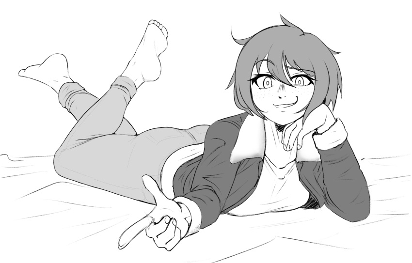 1girl :d absurdres ahoge ass barefoot bed_sheet borrowed_character breasts cabronpr collared_jacket commentary commission denim double-parted_bangs english_commentary feet feet_up fingernails freckles full_body greyscale grin hair_between_eyes hand_on_own_cheek hand_on_own_face hand_up highres index_finger_raised jacket jeans kaede_yamato_(ethan_ppj) knees_together_feet_apart long_sleeves looking_at_viewer lying monochrome on_bed on_stomach open_clothes open_jacket original pants pointing pointing_at_viewer raised_eyebrow shirt short_hair simple_background small_breasts smile soles solo the_pose thick_thighs thighs toes uneven_eyes white_background