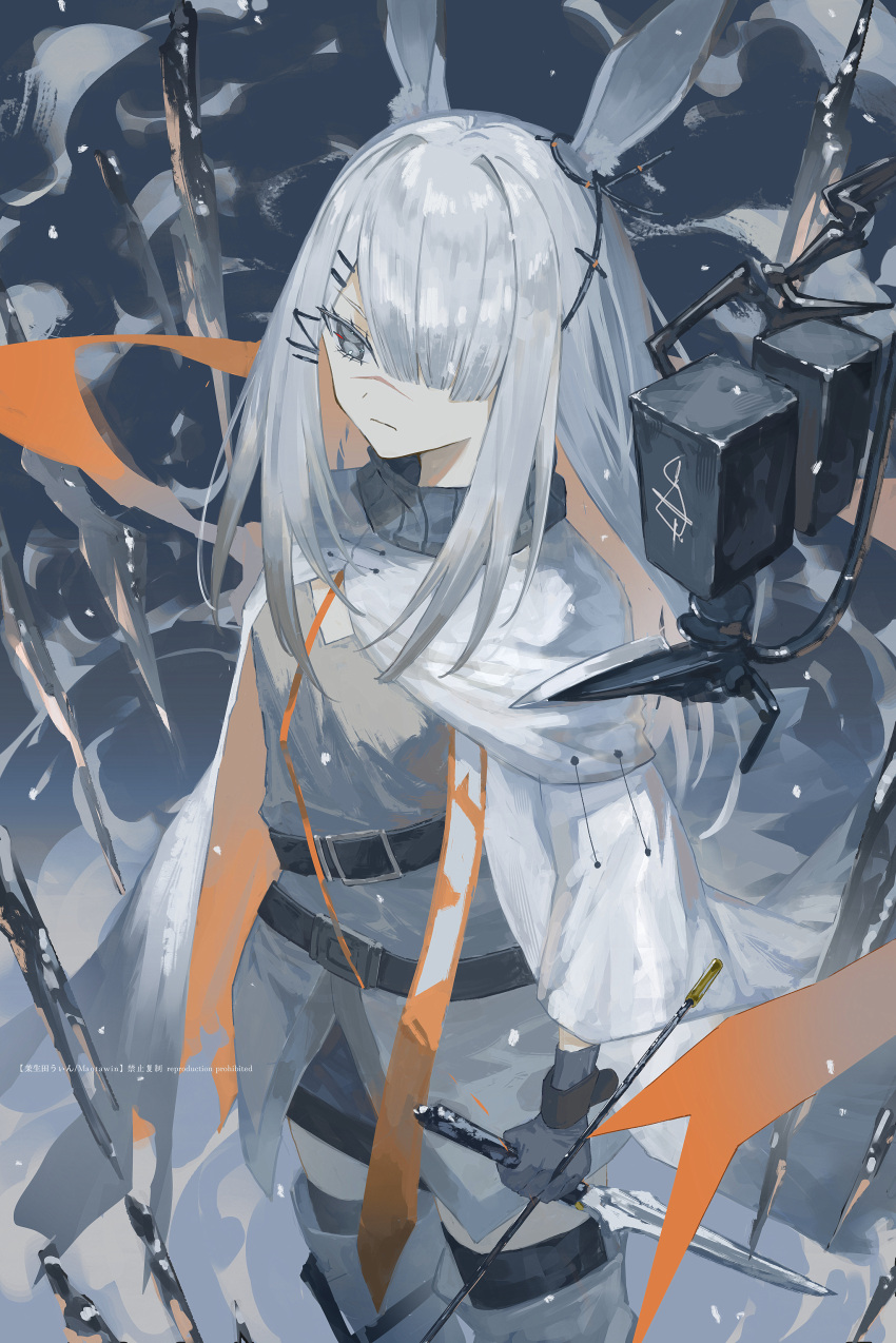 1girl 3pel1 absurdres animal_ears arknights black_gloves blunt_bangs coat commentary cowboy_shot expressionless frostnova_(arknights) gloves grey_eyes grey_hair hair_over_one_eye highres holding holding_knife knife long_hair rabbit_ears rabbit_girl ring_hair_ornament scar scar_on_face scar_on_nose solo white_coat