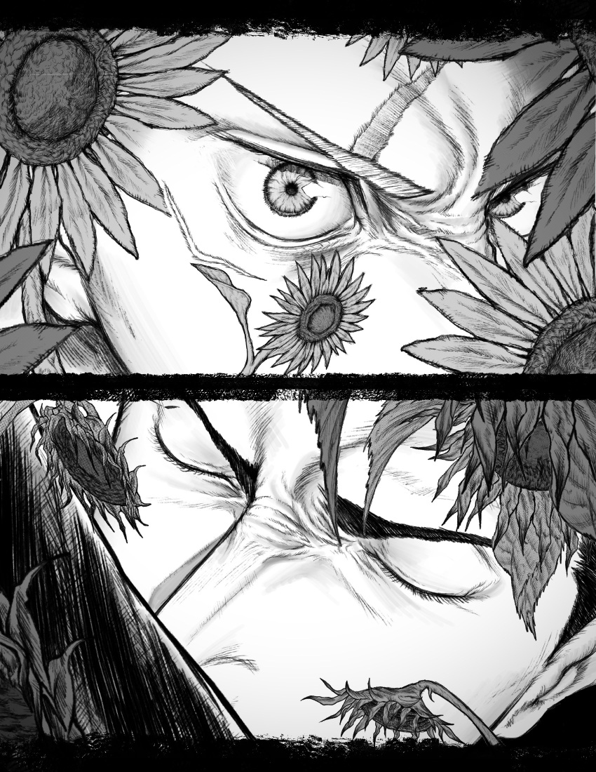 2boys absurdres black_border border closed_eyes commentary_request eyelashes flower greyscale highres higuruma_hiromi itadori_yuuji jujutsu_kaisen male_focus monochrome multiple_boys nose otataru0806 scar scar_on_face scar_on_forehead sunflower wide-eyed