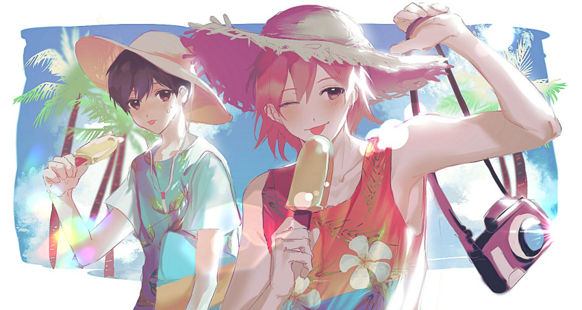 2boys ;) ;p alternate_costume alternate_skin_color arm_at_side arm_up armpits backlighting bare_arms bare_shoulders black_eyes black_hair blue_shirt blue_sky boonie_hat border brown_eyes brown_hair brown_hat camera closed_mouth clouds collarbone commentary cumulonimbus_cloud day double-parted_bangs eating expressionless floral_print food frown grey_hat hair_behind_ear hair_between_eyes hand_up hat holding holding_camera holding_food holding_popsicle kel_(faraway)_(omori) kel_(omori) large_hat leaf_print lens_flare light_blush looking_at_viewer male_focus multiple_boys omori one_eye_closed orange_tank_top outside_border palm_tree pointing pointing_at_self pointing_with_thumb popsicle shirt short_hair sky smile sparkle ss_un17 straw_hat summer sunny_(omori) sweatdrop t-shirt tank_top tongue tongue_out tree untranslatable_commentary upper_body very_short_hair white_border