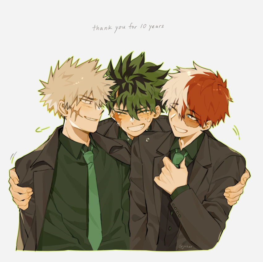3boys adjusting_clothes adjusting_necktie bakugou_katsuki black_jacket black_vest blonde_hair boku_no_hero_academia burn_scar closed_eyes crying english_text freckles green_hair green_necktie green_shirt happy highres jacket joikzo looking_at_another male_focus midoriya_izuku multicolored_hair multiple_boys necktie one_eye_closed red_hair scar scar_on_face shirt short_hair simple_background smile spiky_hair split-color_hair suit todoroki_shoto twitter_username two-tone_hair upper_body vest white_background white_hair