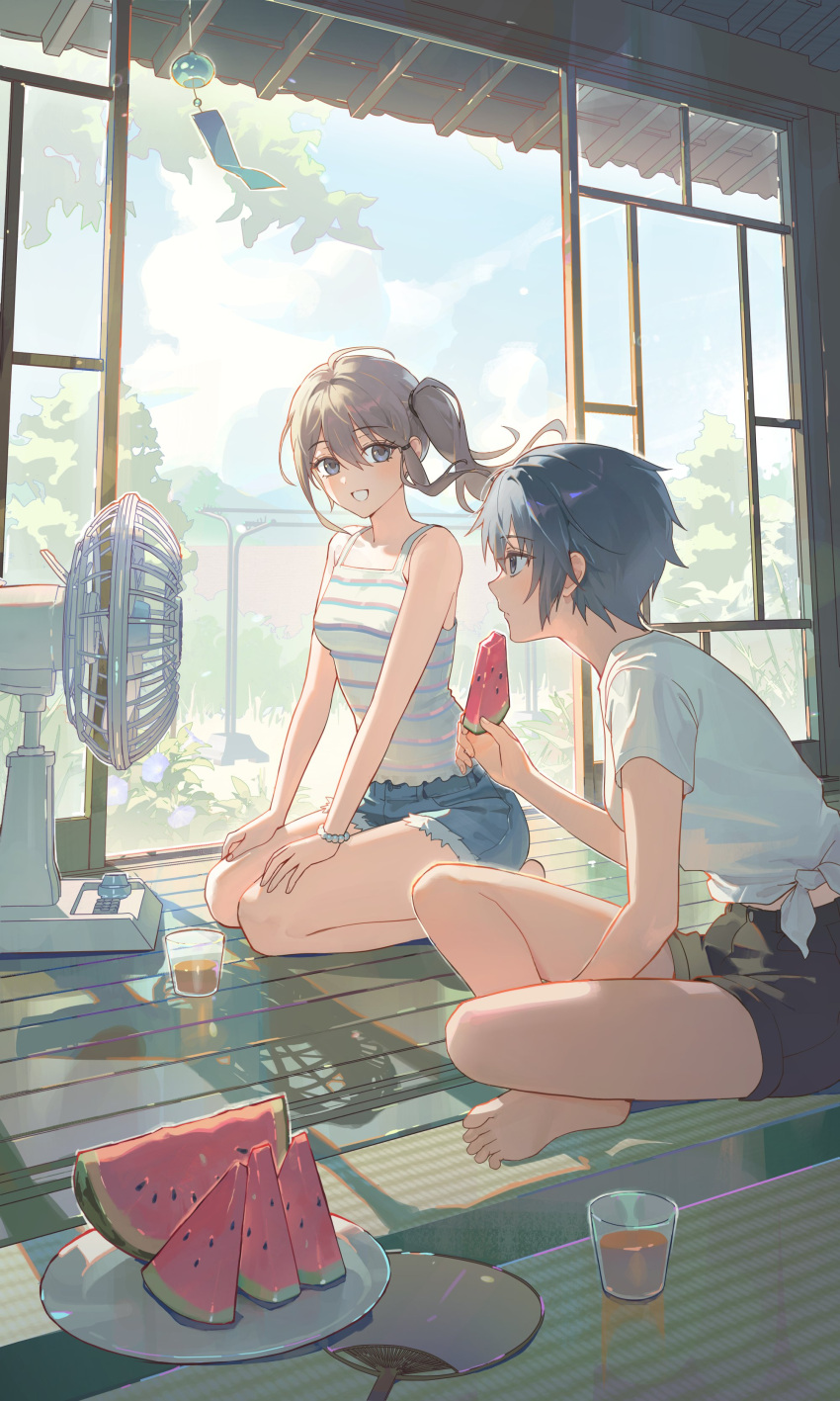 2girls absurdres bare_shoulders barefoot bead_bracelet beads between_legs black_hair black_shorts bracelet brown_hair buguma closed_mouth clothesline clouds commentary cup cutoffs day denim denim_shorts drink drinking_glass electric_fan flower food fruit grey_eyes hair_between_eyes hair_tie hand_between_legs hand_fan hand_up hands_on_lap highres holding holding_food holding_fruit indian_style indoors jewelry leaf long_hair looking_at_another midriff_peek multiple_girls open_mouth original paper_fan plate purple_flower seiza shirt short_hair short_sleeves shorts shouji side_ponytail sitting sliding_doors smile striped_tank_top summer t-shirt tank_top tied_shirt uchiwa watermelon watermelon_slice white_shirt white_tank_top wind_chime wooden_floor