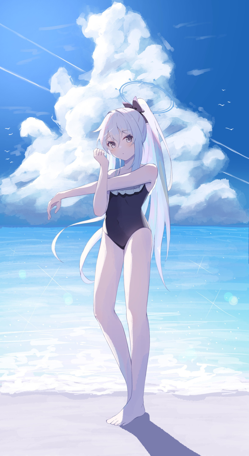 1girl absurdres bare_shoulders barefoot beach blue_archive blue_eyes blue_halo blue_sky bow closed_mouth clouds commentary full_body hair_bow halo highres kuronagasu_ir long_hair miyako_(blue_archive) miyako_(swimsuit)_(blue_archive) ocean one-piece_swimsuit ponytail sky solo swimsuit white_hair