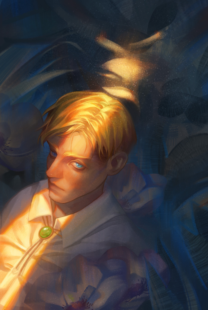 1boy absurdres blonde_hair collared_shirt crack_of_light erwin_smith expressionless flower_request from_above highres jewelry l.k_(lk_cyz) looking_ahead male_focus necklace shingeki_no_kyojin shirt short_hair solo sunlight thick_eyebrows upper_body