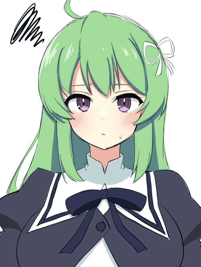 1girl ahoge arms_at_sides assault_lily black_ribbon blush bow_hairband breasts buttons closed_mouth commentary_request cropped_jacket green_hair hair_ribbon hairband highres juliet_sleeves large_breasts long_hair long_sleeves looking_at_viewer neck_ribbon puffy_sleeves ribbon school_uniform shirt simple_background squiggle sweatdrop tanaka_ichi ueda_(ueeeeeeeee1006) upper_body violet_eyes white_background white_hairband white_ribbon white_shirt yurigaoka_girls_academy_school_uniform