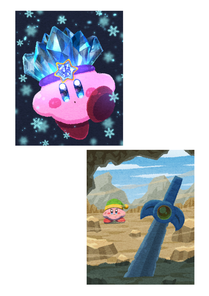 absurdres blue_eyes blush_stickers cave closed_mouth copy_ability crown green_headwear hat highres ice ice_kirby kirby kirby_(series) looking_at_viewer miclot no_humans pink_footwear shoes simple_background snowflakes sparkling_eyes sword sword_kirby weapon white_background
