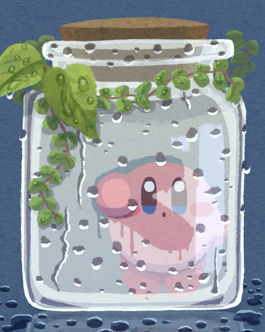 blue_eyes blush_stickers condensation highres in_jar jar kirby kirby_(series) leaf miclot no_humans open_mouth plant rain vines water_drop wiping