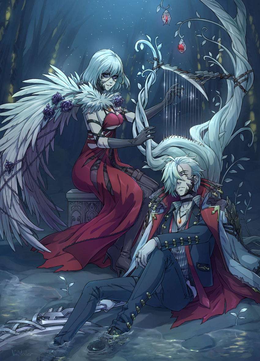 1boy 1girl blood_bead boots breasts cape code_vein collared_jacket colored_skin dress eva_roux feather_boa flower full_body gloves harp high_heel_boots high_heels highres holding holding_sword holding_weapon instrument jack_rutherford jacket jewelry loose_necktie medium_breasts multicolored_skin music necktie night one_eye_closed one_eye_covered pants pantyhose parted_lips pendant plant playing_instrument red_dress rose scar scythe shirt sitting sleeping smile sparkle striped striped_shirt sword thorns torn tree under_boob vampire vdmaler vertical-striped_shirt vertical_stripes weapon