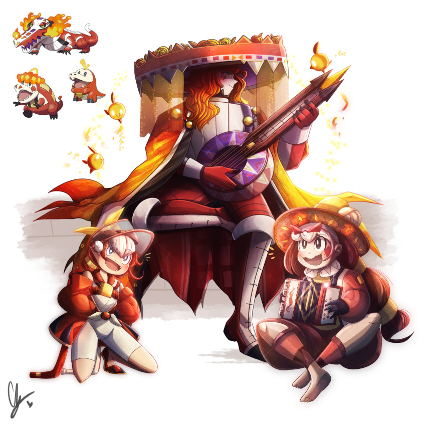 3boys :d absurdres accordion barefoot bird black_eyes black_gloves blush_stickers boots cape crocalor endifi english_commentary facepaint fuecoco gloves hat highres humanization instrument jacket multiple_boys music playing_instrument pokemon red_footwear red_gloves red_jacket redhead shorts sitting skeledirge smile sombrero visor_cap white_hair yellow_eyes