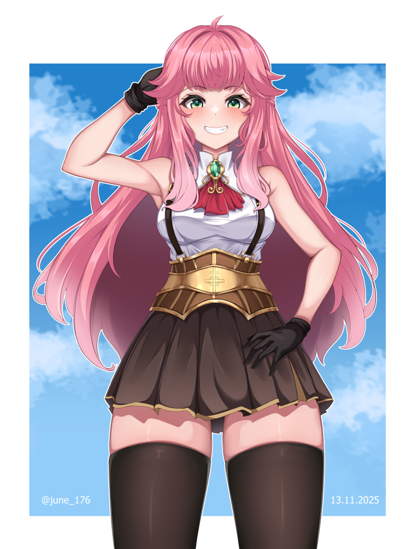 1girl absurdres aivy_lovencraft fanart gem green_eyes highres indie_virtual_youtuber june_176 long_hair looking_at_viewer pink_hair skirt smile thigh-highs thighs virtual_youtuber vtuber vtuberfanart