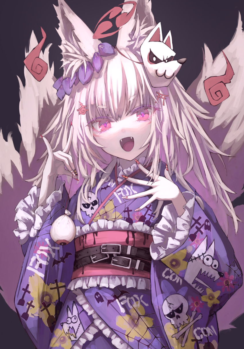1girl animal_ear_fluff animal_ears black_background black_nails fangs fingernails fox_ears fox_mask fox_shadow_puppet fox_tail frilled_sleeves frills highres japanese_clothes kimono long_hair long_sleeves looking_at_viewer mask mask_on_head multiple_tails nail_polish obi open_mouth original osobachan purple_kimono red_eyes red_nails sash short_eyebrows simple_background smile solo tail upper_body white_hair white_nails wide_sleeves
