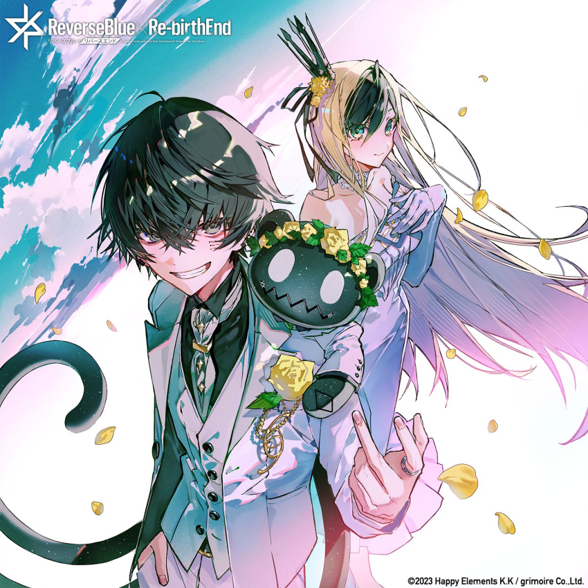 1boy 1girl 1other anku_(reverseblue) bare_shoulders black_crown black_hair black_shirt blonde_hair commentary_request copyright_logo crown dress elbow_gloves facial_tattoo flower gloves green_eyes grey_eyes grey_necktie grin hair_between_eyes hair_flower hair_ornament head_wreath highres jacket jewelry logo long_hair medium_hair multicolored_hair mura_karuki necktie official_art pants reverseblue_x_re-birthend ring rose shirt smile suit suzumi_(reverseblue) tail tattoo tsuruha_(reverseblue) two-tone_hair very_long_hair white_dress white_gloves white_jacket white_pants white_suit yellow_flower yellow_rose