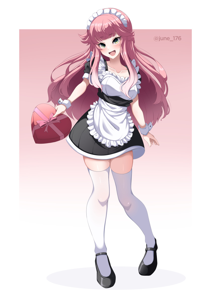 1girl absurdres aivy_lovencraft blush fanart green_eyes highres indie_virtual_youtuber june_176 long_hair maid pink_hair simple_background smile solo thigh-highs valentine virtual_youtuber vtuber vtuberfanart