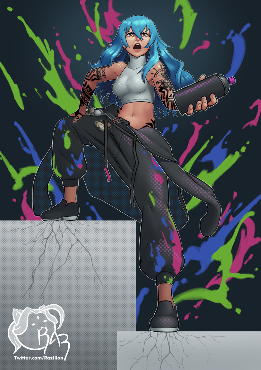 1girl arm_tattoo artist_name baggy_pants bare_shoulders belt black_background black_belt black_jacket black_pants black_shoes blue_hair breasts can clothes_around_waist commentary crack cracked_floor dark-skinned_female dark_skin english_commentary finger_tattoo graffiti guernica_(p5t) hair_between_eyes hand_on_own_knee hand_tattoo highres hip_tattoo holding holding_can jacket jacket_around_waist knee_up long_hair loose_belt medium_breasts navel open_mouth paint_on_clothes paint_splatter paintbrush pants persona persona_5 persona_5_tactica razillon red_eyes shirt shoes signature sleeveless sleeveless_shirt solo spray_can spray_paint tank_top tattoo tattoo_sleeve trim_brush twitter_username wavy_hair white_tank_top