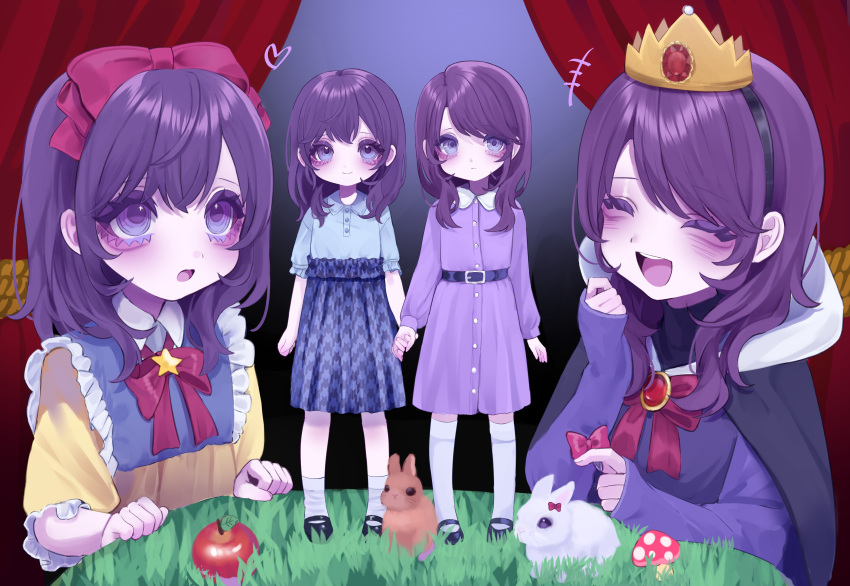 +++ 2girls :d ^_^ absurdres aegyo_sal aged_down ankle_socks apple asahina_mafuyu asahina_mafuyu's_mother bare_arms belt black_background black_belt black_capelet black_hairband black_shoes blue_background blue_shirt blue_skirt blush bow bowtie brooch brown_rabbit buttons capelet closed_eyes closed_mouth collared_dress collared_shirt commentary_request crown curtains dress duplicate food frilled_skirt frilled_sleeves frills fruit full_body gradient_background grass hair_bow hairband heart highres holding holding_hands jewelry jishou_210 kneehighs long_sleeves looking_at_another looking_at_viewer mary_janes medium_dress medium_hair medium_skirt mother_and_daughter multiple_girls mushroom on_ground open_mouth patterned_clothing project_sekai puffy_long_sleeves puffy_sleeves purple_dress purple_hair rabbit red_bow red_bowtie shirt shoes short_sleeves simple_background skirt sleeves_past_wrists smile socks standing star_brooch teeth time_paradox tongue upper_body upper_teeth_only violet_eyes white_rabbit_(animal) white_socks
