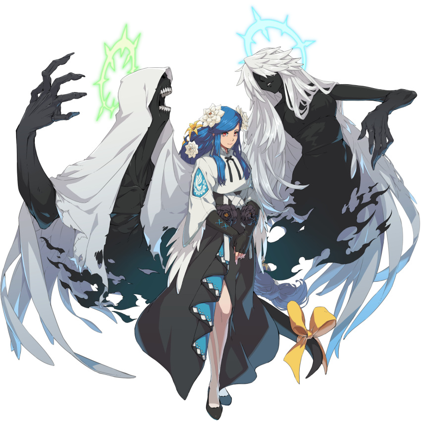 1boy 2girls black_flower black_gloves black_skin black_skirt blue_hair blue_halo bow braid cloak closed_mouth colored_skin dizzy_(guilty_gear) elbow_gloves fingerless_gloves flower gloves green_halo guilty_gear guilty_gear_strive hair_flower hair_ornament halo highres long_hair long_skirt monster_girl multiple_girls necro_(guilty_gear) official_art queen_dizzy red_eyes ribbon side_slit skirt smile tail tail_ornament tail_ribbon transparent_background undine_(guilty_gear) very_long_hair white_cloak white_flower white_hair yellow_bow