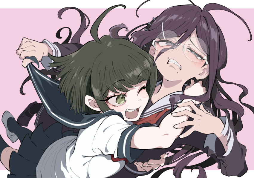 2girls ;d black_shirt blush brown_hair commentary_request danganronpa_(series) danganronpa_another_episode:_ultra_despair_girls enouchi_ai fukawa_toko glasses grin hug long_hair long_sleeves mole mole_under_mouth multiple_girls naegi_komaru one_eye_closed pink_background pulling_another's_clothes revision round_eyewear sailor_collar shirt shoes short_sleeves smile teeth thigh-highs torn_clothes torn_shirt upper_teeth_only white_background white_sailor_collar white_shirt