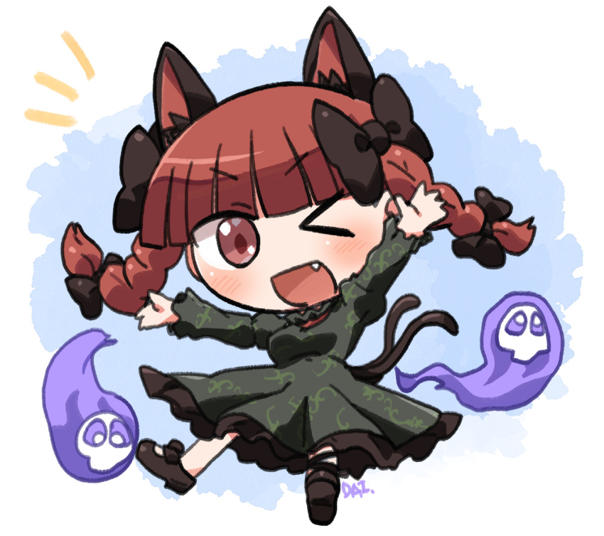 &gt;_o 1girl animal_ears black_bow black_footwear blue_background bow braid cat_ears cat_girl cat_tail commentary_request dress fang full_body green_dress hair_bow hitodama kaenbyou_rin looking_at_viewer medium_hair multiple_tails nekomata one_eye_closed open_mouth red_eyes redhead rokugou_daisuke side_braids signature solo tail touhou twin_braids two_tails