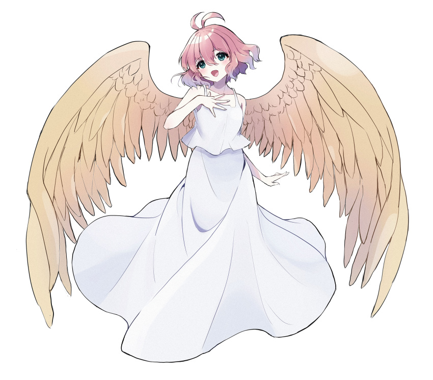 1girl absurdres antenna_hair blush brown_wings dress eyelashes full_body gradient_hair hair_between_eyes hand_on_own_chest harpy_(puyopuyo) highres kashima_miyako multicolored_hair open_mouth pink_hair puyopuyo short_hair simple_background solo wavy_hair white_background white_dress wings