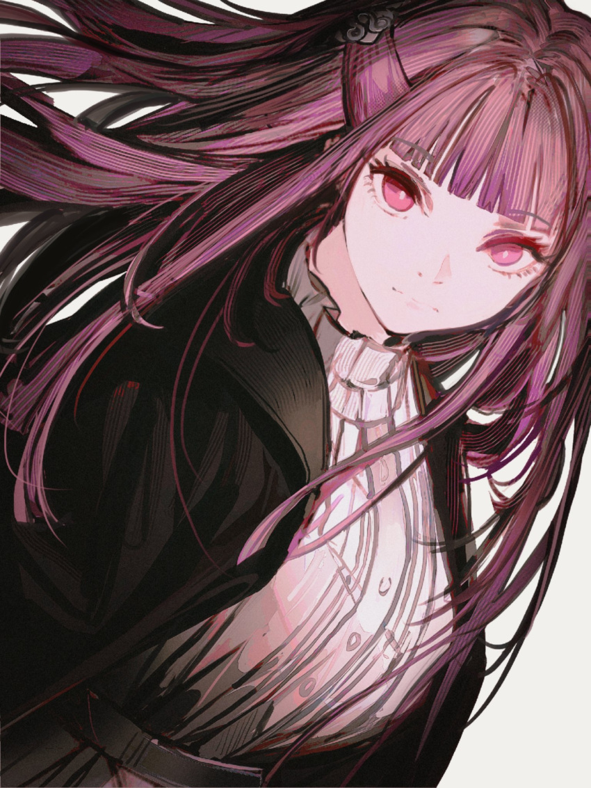 1girl black_coat blunt_bangs breasts closed_mouth coat collar commentary dress english_commentary expressionless fern_(sousou_no_frieren) frilled_collar frills grey_background highres john_kafka long_hair looking_at_viewer medium_breasts pink_eyes purple_hair simple_background solo sousou_no_frieren straight_hair upper_body white_background white_dress