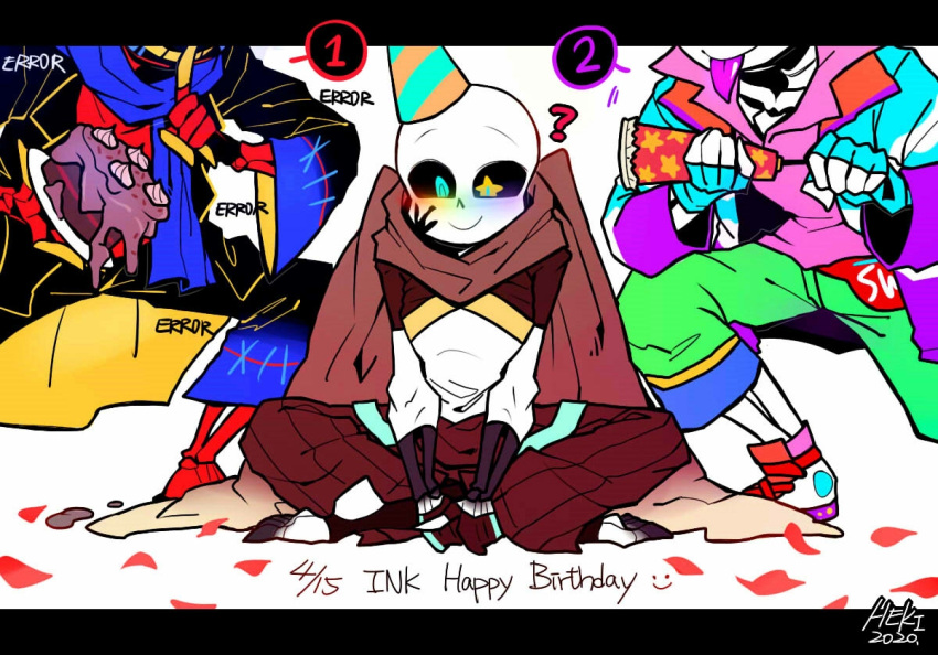 +_+ 2020 3boys :d :p ? alternate_universe aqua_hat artist_name barefoot black_gloves black_jacket black_pants black_sclera black_socks blue_jacket blue_scarf blush brown_cape brown_gloves brown_pants cake cape character_name chinese_commentary chocolate_cake closed_mouth colored_sclera colored_teeth colored_tongue commentary_request dated english_commentary errortale eyes_out_of_frame fingerless_gloves food foot_out_of_frame full_body gloves green_pants grin half_gloves hands_up happy_birthday hat head_out_of_frame heki_(miss60250) holding holding_party_popper indian_style ink_splatter inktale jacket letterboxed long_sleeves looking_at_viewer male_focus mixed-language_commentary multiple_boys multiple_persona nose_blush open_clothes open_jacket orange_hat outside_border pants party_hat party_popper petals pink_shirt pinstripe_pants pinstripe_pattern purple_tongue raised_eyebrows red_petals red_shirt sans_(errortale) sans_(inktale) sans_(underfresh) sans_(undertale) sans_(undertale_au) scarf shirt shoelaces shoes simple_background sitting skeleton smile socks spoken_number straight-on thick_lineart toeless_socks toes tongue tongue_out two-sided_sleeves two-tone_hat two-tone_headwear underfresh undertale undertale_au utdr_(toby_fox) v_arms white_background white_shirt white_shoes wide_sleeves yellow_eyes yellow_teeth