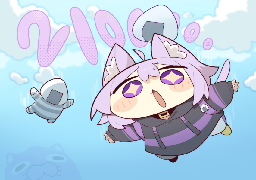 1girl :3 absurdres ahoge animal_ears blue_sky cat_ears cat_girl cat_tail clouds cocomayo29_(tomato) commentary_request hair_between_eyes highres hololive hood hoodie korean_commentary long_sleeves nekomata_okayu nekomata_okayu_(1st_costume) okanyan_(nekomata_okayu) onigirya_(nekomata_okayu) open_mouth puffy_sleeves purple_hair sky star-shaped_pupils star_(symbol) symbol-shaped_pupils tail violet_eyes virtual_youtuber