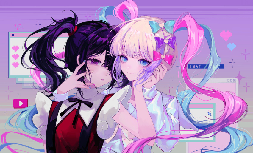 2girls absurdres ame-chan_(needy_girl_overdose) black_hair black_ribbon blonde_hair blue_bow blue_eyes blue_hair blue_nails blue_shirt blunt_bangs blush bow chinese_commentary chouzetsusaikawa_tenshi-chan closed_mouth collared_shirt commentary_request dual_persona glitch hair_bow hair_ornament hair_over_one_eye hair_tie hairclip hand_on_another's_face hand_up hands_up heart heart_hair_ornament highres holding_hands ke_luosi long_hair looking_at_viewer multicolored_hair multicolored_nails multiple_girls nail_polish neck_ribbon needy_girl_overdose parted_lips pink_bow pink_hair pink_nails pixel_heart purple_background purple_bow quad_tails red_shirt ribbon shirt smile suspenders twintails upper_body very_long_hair violet_eyes window_(computing) x_hair_ornament yellow_nails youtube_logo
