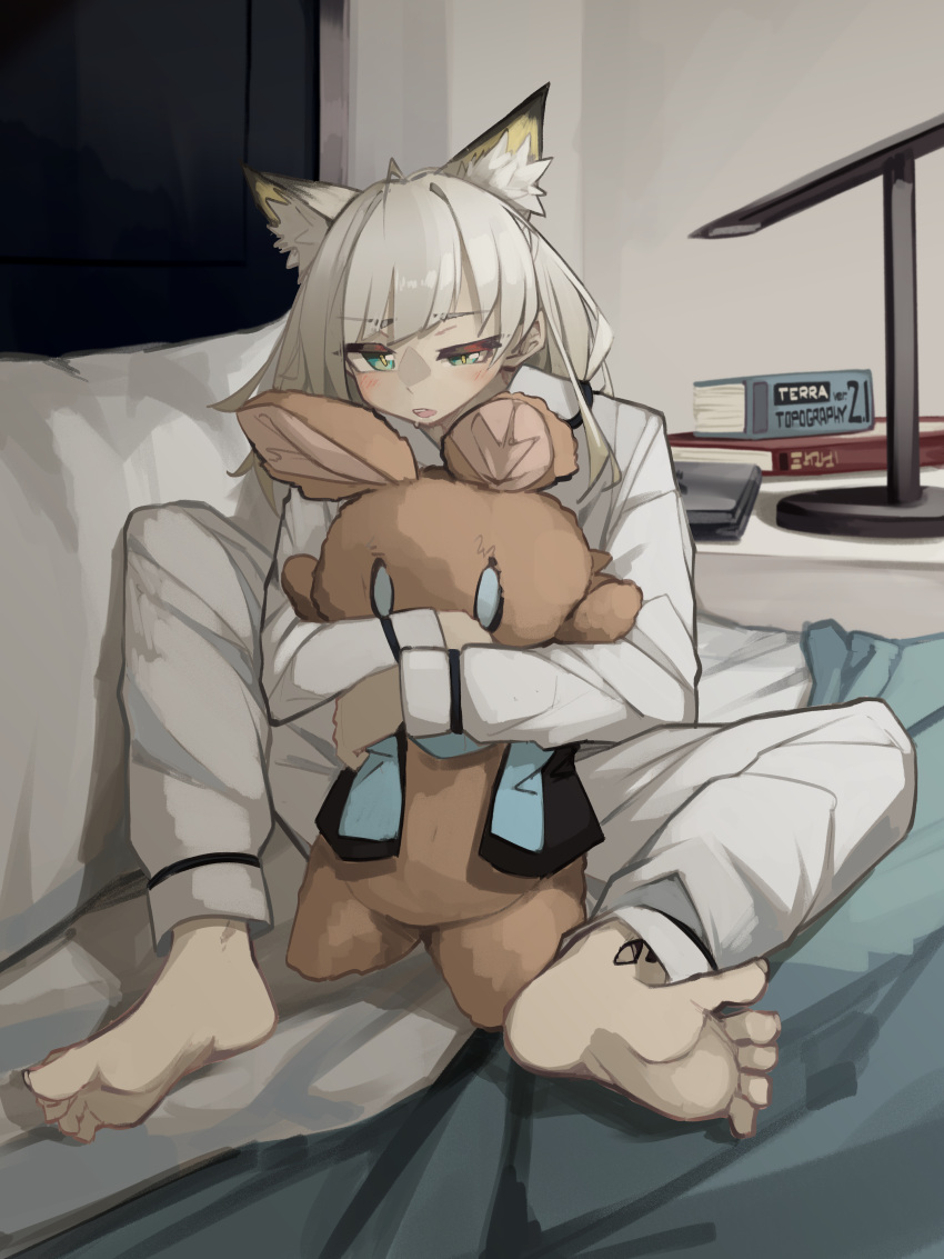 1girl absurdres amiya_(arknights) animal_ear_fluff animal_ears arknights barefoot bed bedroom blush book cat_ears character_doll commentary drooling english_commentary feet full_body green_eyes highres hugging_doll hugging_object indoors kal'tsit_(arknights) long_hair long_sleeves nightstand on_bed oripathy_lesion_(arknights) pajamas pants parted_lips pillow shirt sitting soles solo stuffed_animal stuffed_rabbit stuffed_toy teeth toenails toes togekk0 uneven_eyes upper_teeth_only white_hair white_pajamas white_pants white_shirt window
