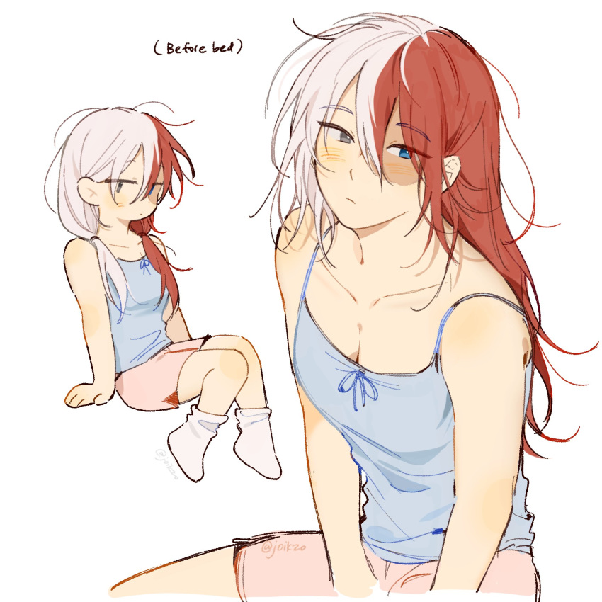 1girl arm_support blue_camisole blue_eyes blush boku_no_hero_academia camisole english_text full_body genderswap genderswap_(mtf) grey_eyes heterochromia highres invisible_chair joikzo long_hair multicolored_hair pink_shorts red_hair shorts simple_background sitting socks split-color_hair todoroki_shoto two-tone_hair white_background white_hair white_socks