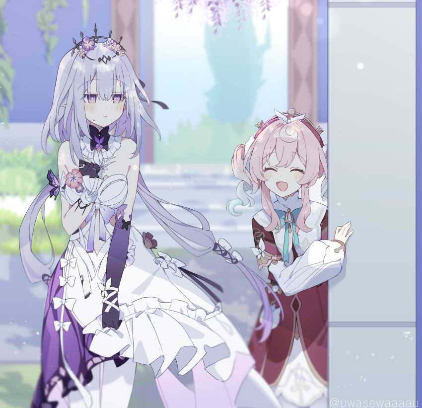 2girls :d ^_^ absurdres aqua_hair aqua_ribbon armpit_crease artist_name asymmetrical_dress asymmetrical_gloves bare_shoulders bell beret black_gloves black_tiara blurry bow breasts bright_pupils butterfly_ornament castorice_(honkai:_star_rail) closed_eyes collar commentary_request cowboy_shot depth_of_field detached_collar double-parted_bangs dress elbow_gloves floating_hair flower frilled_collar frills gloves gradient_hair grey_hair hair_between_eyes hair_bow hand_on_own_chest hat highres honkai:_star_rail honkai_(series) hyacine_(honkai:_star_rail) layered_dress light_blush light_particles long_hair long_sidelocks long_sleeves looking_at_another low_twintails medium_breasts medium_hair multicolored_hair multiple_girls multiple_hair_bows neck_bell pantyhose peeking_out pink_hair plant puffy_sleeves purple_hair red_dress red_hat ribbon short_twintails sidelocks single_elbow_glove small_breasts small_sweatdrop smile tiara turtleneck twintails twitter_username uwasewau very_long_hair violet_eyes white_bow white_dress white_pantyhose white_pupils wisteria