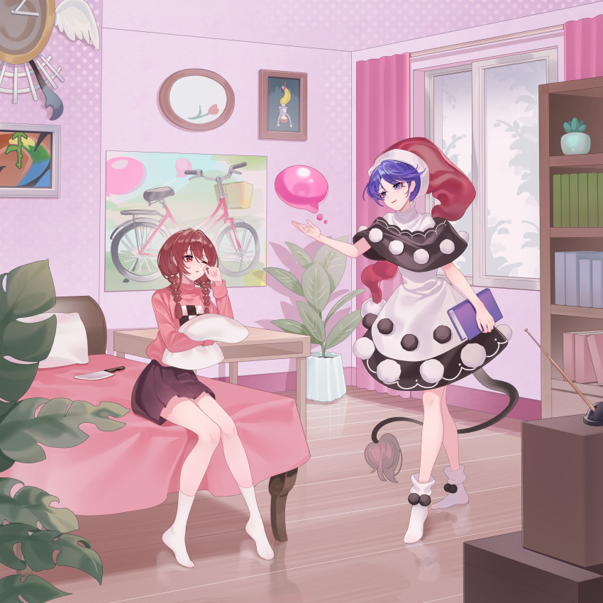 2girls absurdres ailu_elf analog_clock bed bedroom black_capelet black_dress blob book bookshelf braid brown_hair brown_skirt capelet chinese_commentary clock commentary_request crossover doremy_sweet dream_soul dress full_body fur-tipped_tail hair_between_eyes hat highres holding holding_book hugging_object indoors kitchen_knife knife long_hair madotsuki multiple_girls nightcap on_bed one_eye_closed open_mouth painting_(object) picture_frame pillow pillow_hug pink_sweater plant pleated_skirt pom_pom_(clothes) potted_plant purple_hair red_eyes red_hat reflective_floor rubbing_eyes short_hair sitting skirt smile socks sweater tail tapir_tail television touhou twin_braids two-tone_dress violet_eyes white_dress white_socks window yume_nikki