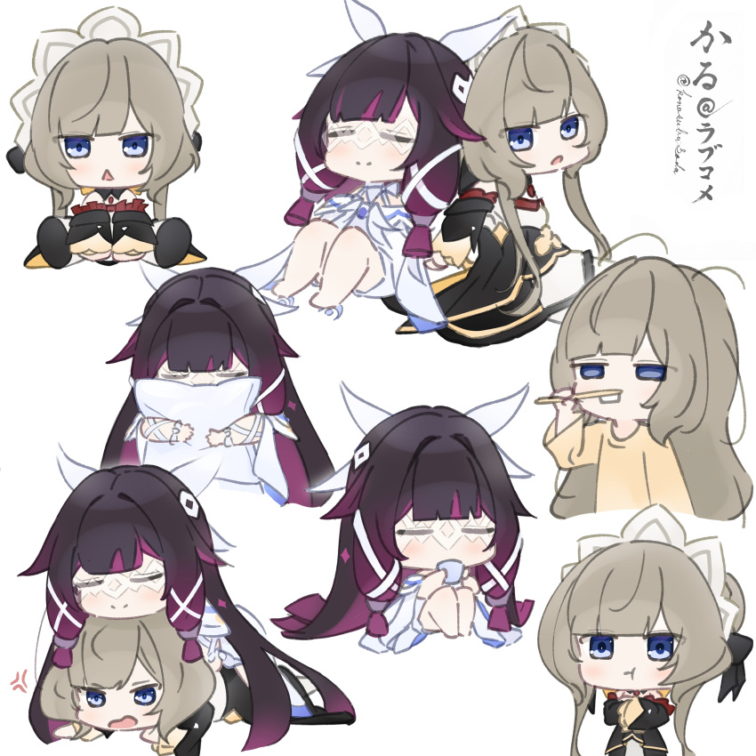 2girls absurdres anger_vein annoyed artist_name back-to-back black_bow black_collar black_dress black_hair black_sleeves blue_eyes blush bonnet bow brown_hair brushing_teeth chibi closed_eyes collar columbina_(genshin_impact) commentary_request crossed_arms cup detached_collar detached_sleeves dress drink eye_mask gem genshin_impact hair_ornament highres holding holding_cup karu_(calpis8222) long_hair loose_hair_strand lying_on_another mask multicolored_hair multiple_girls multiple_views pillow pout purple_hair purple_streaks red_gem sandrone_(genshin_impact) see-through_clothes see-through_mask short_hair_with_long_locks simple_background sitting streaked_hair toothbrush translation_request triangle_mouth very_long_hair white_background white_bow white_dress white_headdress wing_hair_ornament wrist_bow x-shaped_eyewear yellow_bow yuri