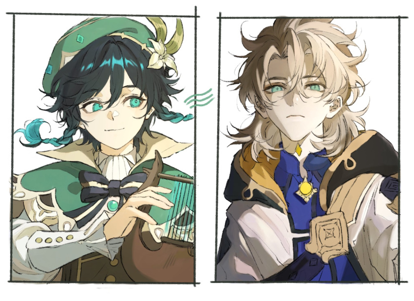 2boys albedo_(genshin_impact) androgynous aqua_eyes aqua_gem ascot belt beret black_bow black_bowtie black_hair black_hood blonde_hair blue_hair blue_shirt border bow bowtie braid brown_corset buttons cape closed_mouth collared_cape collared_shirt corset english_commentary fingernails floating_hair flower gem genshin_impact gradient_hair green_cape green_hat hair_between_eyes hand_up hat hat_flower hat_ornament highres holding holding_instrument holding_lyre hood hoodie instrument jewelry leaf_hat_ornament long_sleeves looking_at_another looking_at_viewer lyre male_focus mandarin_collar marbun multicolored_hair multiple_boys open_clothes open_hoodie outside_border pendant puffy_long_sleeves puffy_sleeves purple_belt scar shirt short_hair short_sleeves simple_background smile striped_bow striped_bowtie striped_clothes twin_braids two-sided_cape two-sided_fabric two-tone_hair upper_body venti_(genshin_impact) vision_(genshin_impact) white_ascot white_background white_border white_flower white_hoodie white_shirt yellow_cape yellow_gem