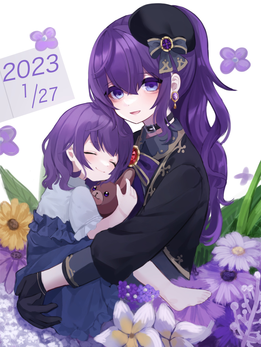 2023 2girls :d ^_^ absurdres aegyo_sal aged_down ahoge asahina_mafuyu bare_arms barefoot black_bow black_collar black_gloves black_hat black_jacket black_shirt blue_skirt bow bowtie carrying carrying_person child closed_eyes closed_mouth collar collared_shirt commentary_request cropped_jacket dated double-parted_bangs dual_persona earrings floral_background flower frilled_skirt frilled_sleeves frills full_body gem gloves gold_earrings gold_trim grey_shirt hair_between_eyes hat hat_bow hat_tip high-waist_skirt high_ponytail highres holding holding_stuffed_toy hug jacket jewelry jishou_210 leaf long_hair long_sleeves looking_at_viewer multiple_girls open_clothes open_jacket open_mouth own_hands_together ponytail project_sekai puffy_long_sleeves puffy_sleeves purple_bow purple_bowtie purple_flower purple_gem purple_hair raised_eyebrows red_gem shirt shirt_tucked_in short_hair sidelocks single_empty_eye skirt sleeve_cuffs smile stuffed_animal stuffed_rabbit stuffed_toy sunflower swept_bangs time_paradox toes tongue upper_body violet_eyes wavy_hair white_flower