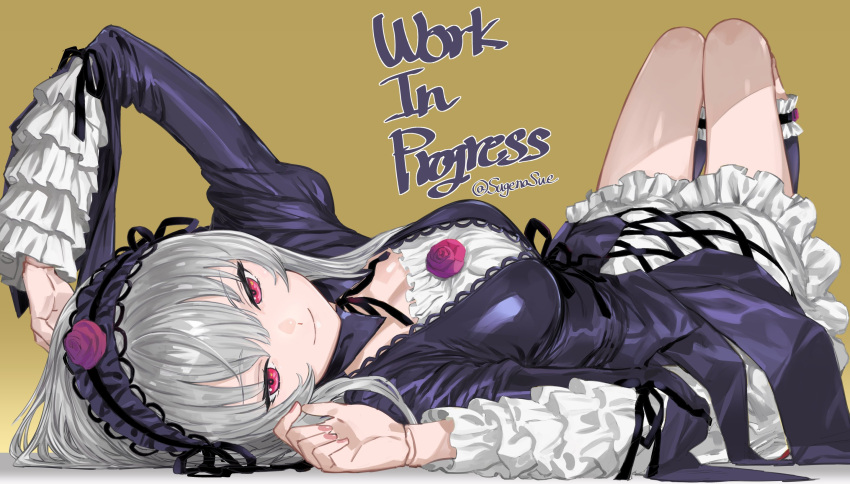1girl black_dress breasts clopen28 commentary_request doll_joints dress flower frilled_sleeves frills gothic_lolita grey_hair hairband highres joints lolita_fashion lolita_hairband long_hair looking_at_viewer lying medium_breasts on_back red_eyes rose rozen_maiden smile solo suigintou unfinished