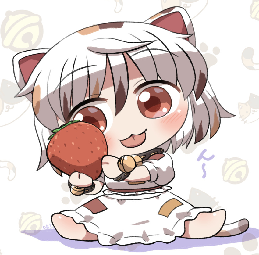 1girl :3 animal_ears barefoot bell black_collar blush calico_(pattern) cat_ears cat_girl cat_tail chibi chibi_only closed_mouth collar commentary_request food fruit full_body goutokuji_mike hair_between_eyes highres holding holding_food multicolored_hair neck_bell rokugou_daisuke shirt short_hair short_sleeves signature simple_background sitting skirt skirt_set solo strawberry streaked_hair tail touhou white_background white_hair white_shirt white_skirt