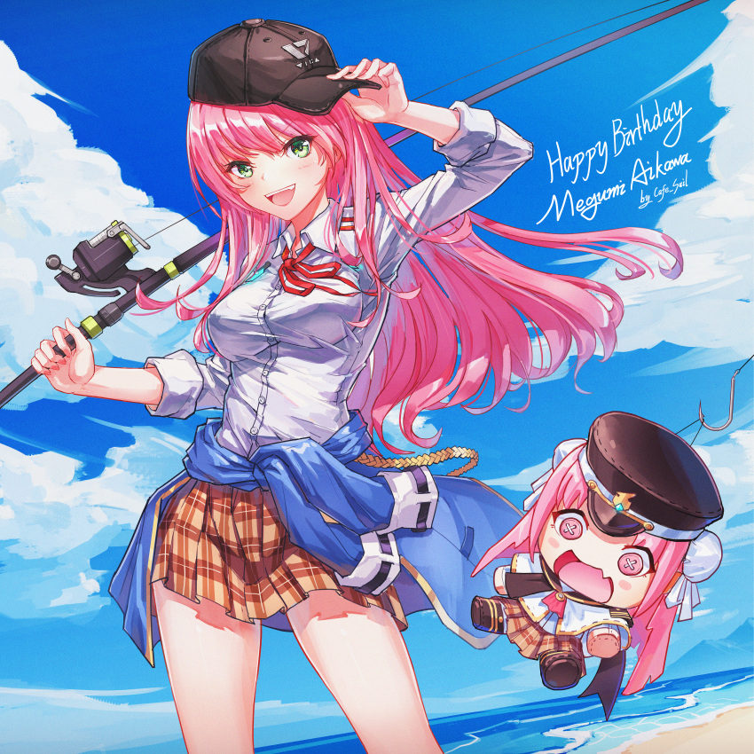1girl :d absurdres aikawa_megumi artist_name baseball_cap beach black_hat blouse blue_jacket blue_sky blush blush_stickers breasts brown_skirt button_eyes buttons character_doll character_name chinese_commentary clothes_around_waist clouds collared_shirt commentary_request cowboy_shot day doll double_bun dress_shirt eyes_visible_through_hair fang film_grain fishing_rod floating_hair full_body green_eyes hair_between_eyes hair_bun hair_down hands_up happy_birthday hat heaven_burns_red highres holding holding_fishing_rod jacket jacket_around_waist kunimi_tama large_breasts lens_flare long_hair long_sleeves looking_at_viewer miniskirt neck_ribbon ocean open_mouth outdoors peaked_cap pink_hair plaid_clothes plaid_skirt pleated_skirt red_ribbon ribbon sail_678 school_uniform shirt skin_fang skirt sky sleeves_rolled_up smile smug solo standing sunlight teeth upper_teeth_only v-shaped_eyebrows very_long_hair white_shirt