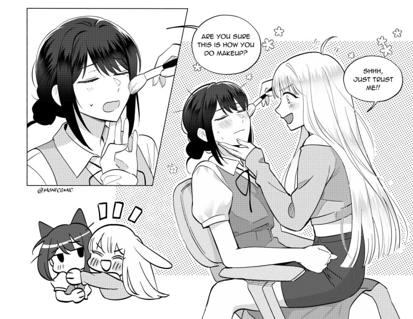 2girls animal_ears applying_another's_makeup applying_makeup blush chair cho_kaguya-hime! closed_eyes closed_mouth commentary dress english_commentary english_text fox_ears greyscale holding holding_brush holding_makeup_brush kaguya_(cho_kaguya-hime!) kemonomimi_mode long_hair makeup_brush mole mole_under_eye monicomic monochrome multiple_girls on_chair open_mouth pinafore_dress rabbit_ears sakayori_iroha sitting sitting_on_lap sitting_on_person skirt sleeveless sleeveless_dress smile speech_bubble sweat yuri