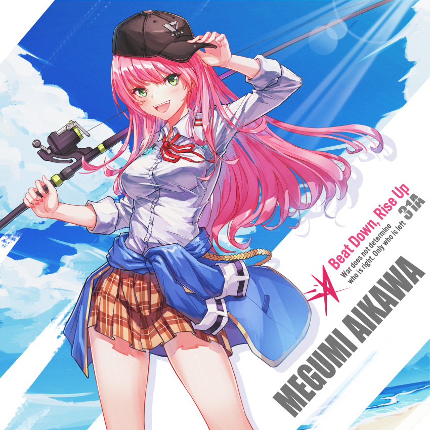 1girl :d absurdres aikawa_megumi baseball_cap beach black_hat blouse blue_jacket blue_sky blush breasts brown_skirt buttons character_name chinese_commentary clothes_around_waist clouds collared_shirt commentary_request cowboy_shot day dress_shirt drop_shadow english_text eyes_visible_through_hair fang film_grain fishing_rod floating_hair full_body green_eyes hair_between_eyes hair_down hands_up hat heaven_burns_red highres holding holding_fishing_rod jacket jacket_around_waist large_breasts lens_flare long_hair long_sleeves looking_at_viewer miniskirt neck_ribbon ocean open_mouth outdoors pink_hair plaid_clothes plaid_skirt pleated_skirt red_ribbon ribbon sail_678 school_uniform shirt skirt sky sleeves_rolled_up smile smug solo standing sunlight teeth upper_teeth_only v-shaped_eyebrows very_long_hair white_shirt