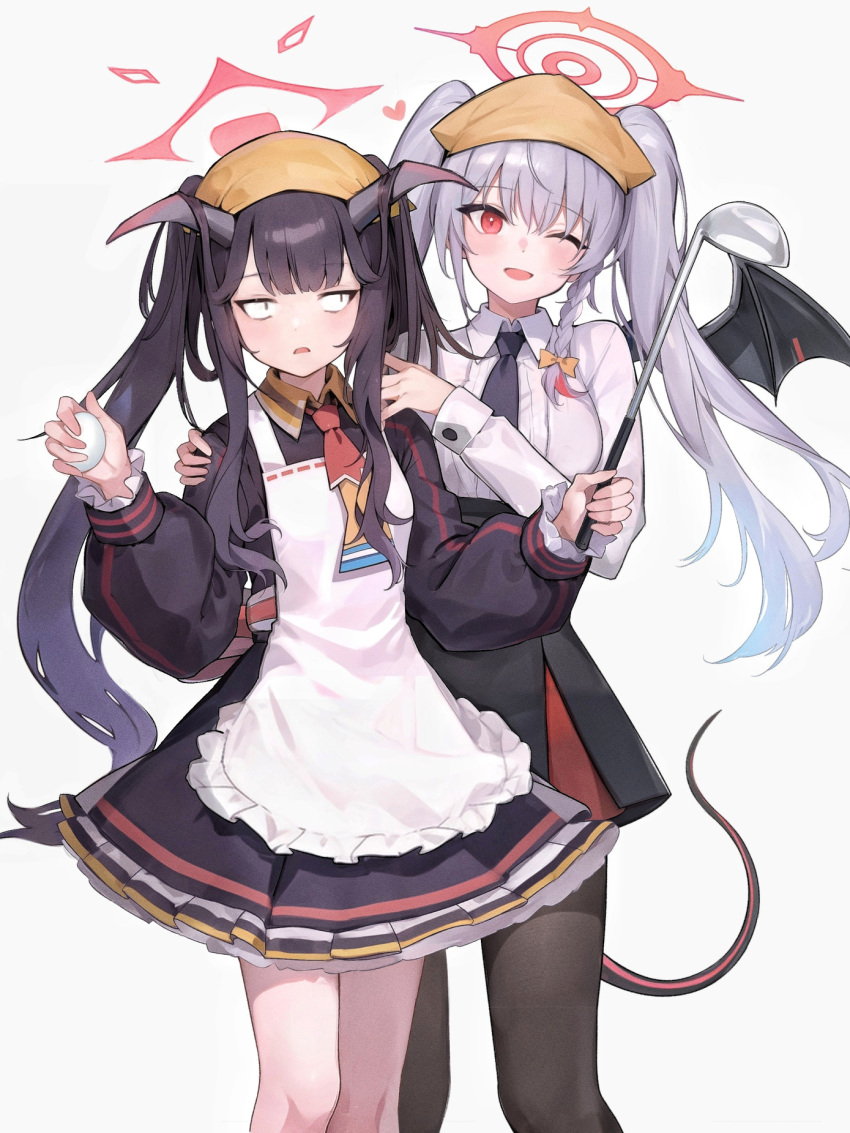 2girls alternate_hairstyle apron black_dress black_hair black_horns black_necktie black_pantyhose black_skirt black_tail black_wings blue_archive braid breasts collared_shirt demon_horns dress fuuka_(blue_archive) grey_hair halo haruna_(blue_archive) head_scarf heart highres holding holding_ladle horns ladle large_breasts long_hair long_sleeves multiple_girls nakazou2000 necktie one_eye_closed open_mouth pantyhose red_eyes red_halo shirt side_braid simple_background single_wing skirt small_breasts smile twintails white_apron white_background white_shirt wings yellow_headwear