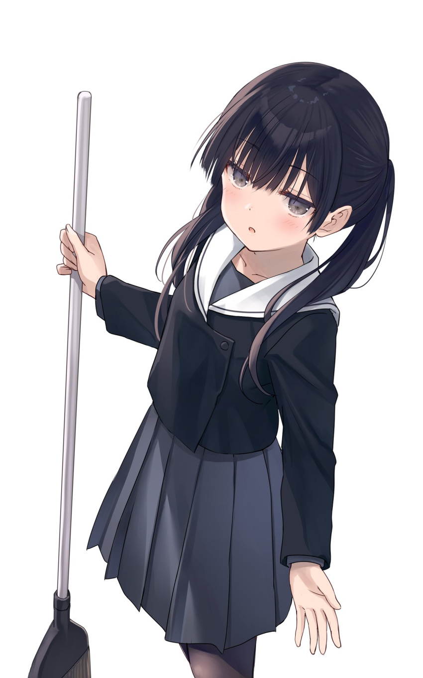 1girl black_eyes black_hair black_pantyhose black_shirt blunt_bangs blush broom collarbone commentary_request dot_nose expressionless grey_skirt highres holding holding_broom long_sleeves looking_at_viewer na-ga open_mouth original pantyhose parted_lips pleated_skirt sailor_collar school_uniform shirt simple_background skirt solo twintails white_background white_sailor_collar