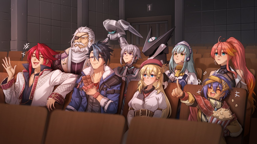 4boys 4girls aaron_wei agnes_claudel bandana bandana_around_neck beard belt beret bergard_zeman black_shirt blonde_hair blue_coat blue_eyes blue_hair blue_vest braid bun_with_braided_base chocolate clothing_cutout coat commentary dark-skinned_female dark_skin dragon_print drone earrings eiyuu_densetsu english_commentary everyone eyepatch facial_hair feri_al-fayed fio_(eiyuu_densetsu) food full_beard fur-trimmed_coat fur_trim green_eyes grey_hair hair_bun hat headband headset holding holding_chocolate holding_food jacket jewelry judith_lanster kuro_no_kiseki_(series) kuro_no_kiseki_i long_hair long_single_sidelock maid maid_headdress movie_theater multicolored_hair multiple_boys multiple_girls mustache necktie non-humanoid_robot old old_man open_clothes open_coat open_jacket orange_hair ponytail popcorn print_jacket purple_hair purple_jacket quatre_salision red_hair red_hat risette_twinings robot robot_animal robot_dog sailor_collar scarf shirt short_hair shoulder_cutout single_side_bun smile tactical_maid two-tone_hair unconventional_maid van_arkride vest violet_eyes white_facial_hair white_hair white_jacket white_necktie white_sailor_collar white_scarf white_shirt xeros_(eiyuu_densetsu) yellow_bandana yellow_eyes yunaliv