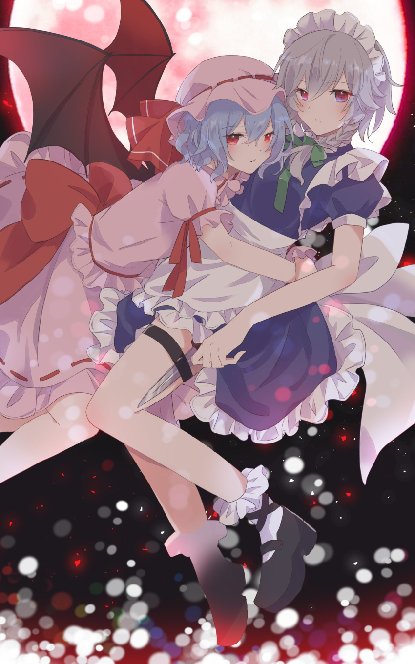 2girls apron back_bow bat_wings black_shoes blue_dress blue_hair bow braid closed_mouth commentary dress full_moon green_bow grey_hair hair_bow hashtag-only_commentary hat hat_ribbon highres holding holding_knife hug izayoi_sakuya knife long_hair looking_at_viewer loveyuzu maid maid_headdress medium_hair mob_cap moon multiple_girls pink_hat pink_shirt pink_skirt puffy_short_sleeves puffy_sleeves red_bow red_eyes red_moon remilia_scarlet ribbon ribbon-trimmed_skirt ribbon_trim shirt shoes short_sleeves skirt socks thigh_strap touhou twin_braids waist_apron weapon_in_garters white_bow white_socks wings wrist_cuffs