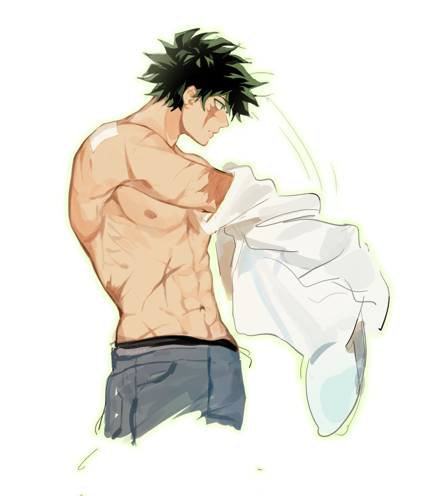 1boy abs bandages boku_no_hero_academia commentary cropped_legs cross_scar denim dressing english_commentary from_side green_eyes green_hair highres jeans joikzo male_focus male_underwear male_underwear_peek midoriya_izuku multiple_scars navel nipples pants parted_lips pectorals scar scar_on_arm scar_on_chest scar_on_face scars_all_over shirt short_hair simple_background solo underwear white_background white_shirt